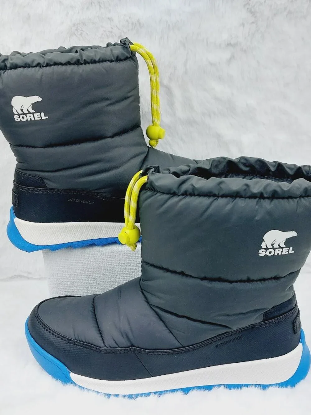 Sorel Boy's Black Blue Whitney Plus II Puffy Waterproof Mid-Calf Snow Boots Sz 6